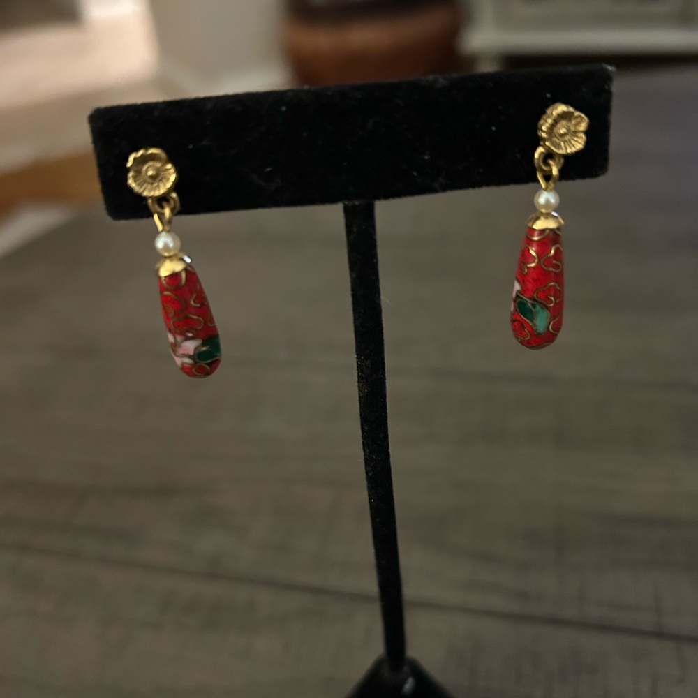 Orange Glass Cloissone One Inch Drop Artisan Earrings